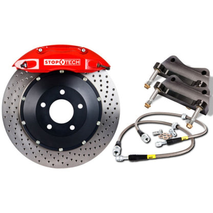 StopTech 02-04 Infiniti G35/03-08 350z Rear BBK w/Red Calipers Drilled 328X28 Rotors Pads SS Lines