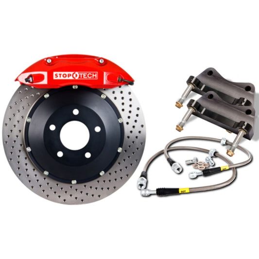 StopTech 02-04 Infiniti G35/03-08 350z Rear BBK w/Red Calipers Drilled 328X28 Rotors Pads SS Lines